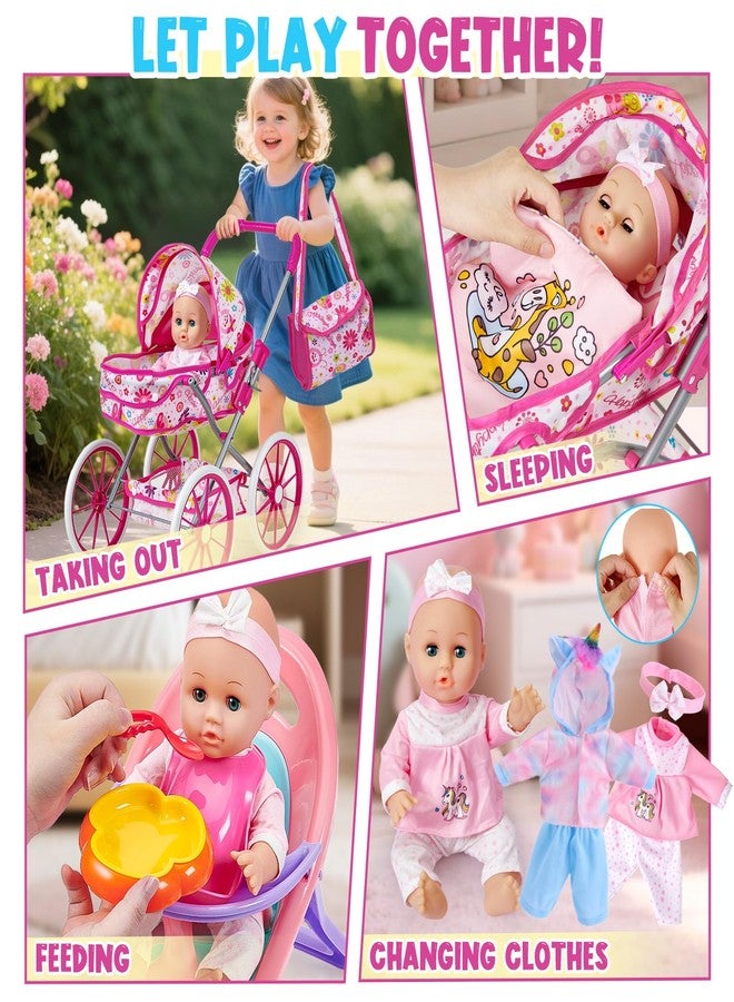 Golray 12 in Baby Doll Toys Set with Stroller for 3 4 5 6 Year Old Girl - 26pcs Babydoll with Accessories Quilt Pillow/Highchair/2 Clothes, Feeding Nursing Pretend Play Toddler Girl Toy Gift 3-5-7 - Image 3